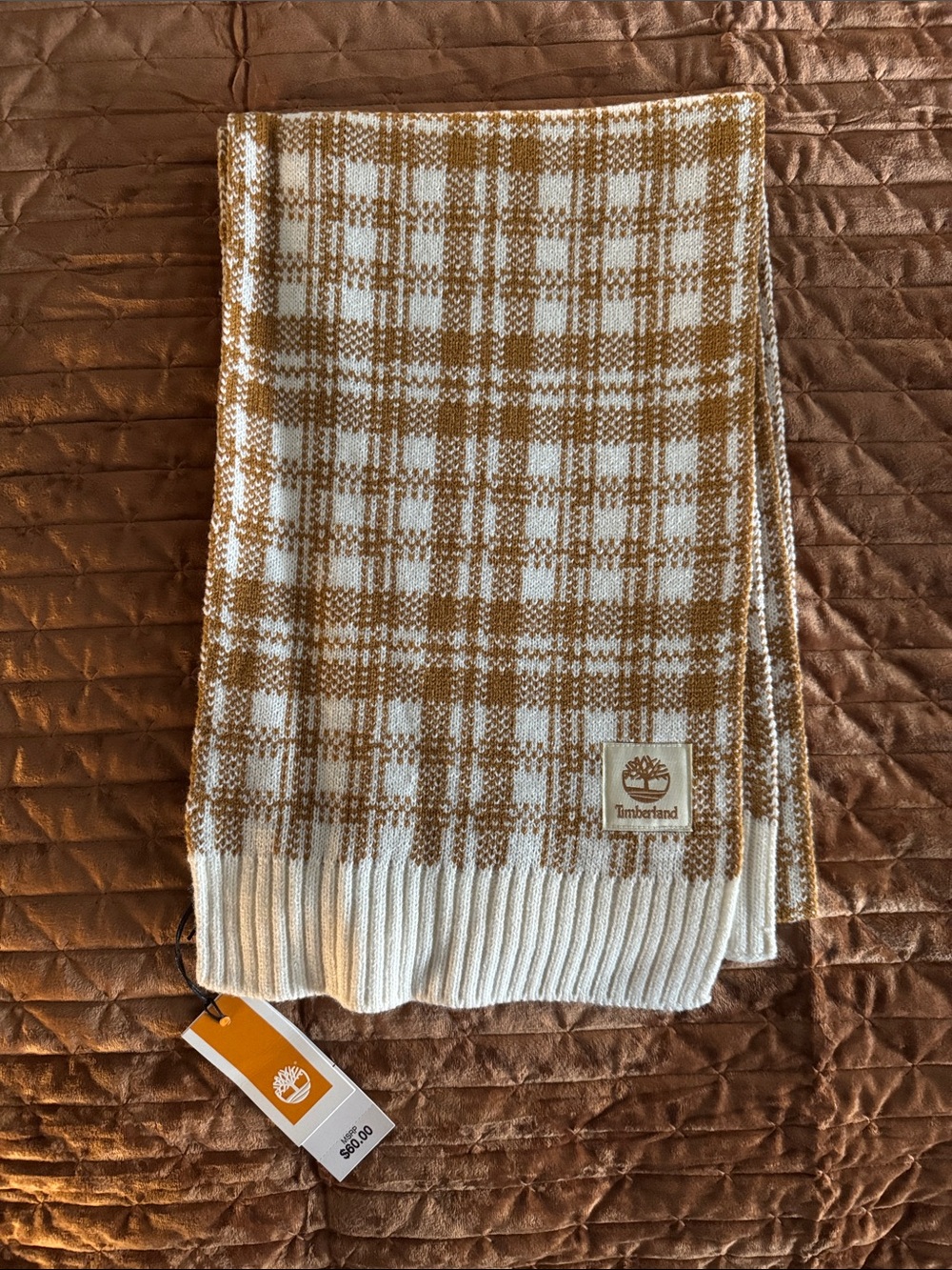 NWT Timberland Cream and Camel Plaid Knit Scarf